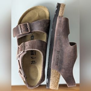 Birkenstock two strap sandals with back strap.